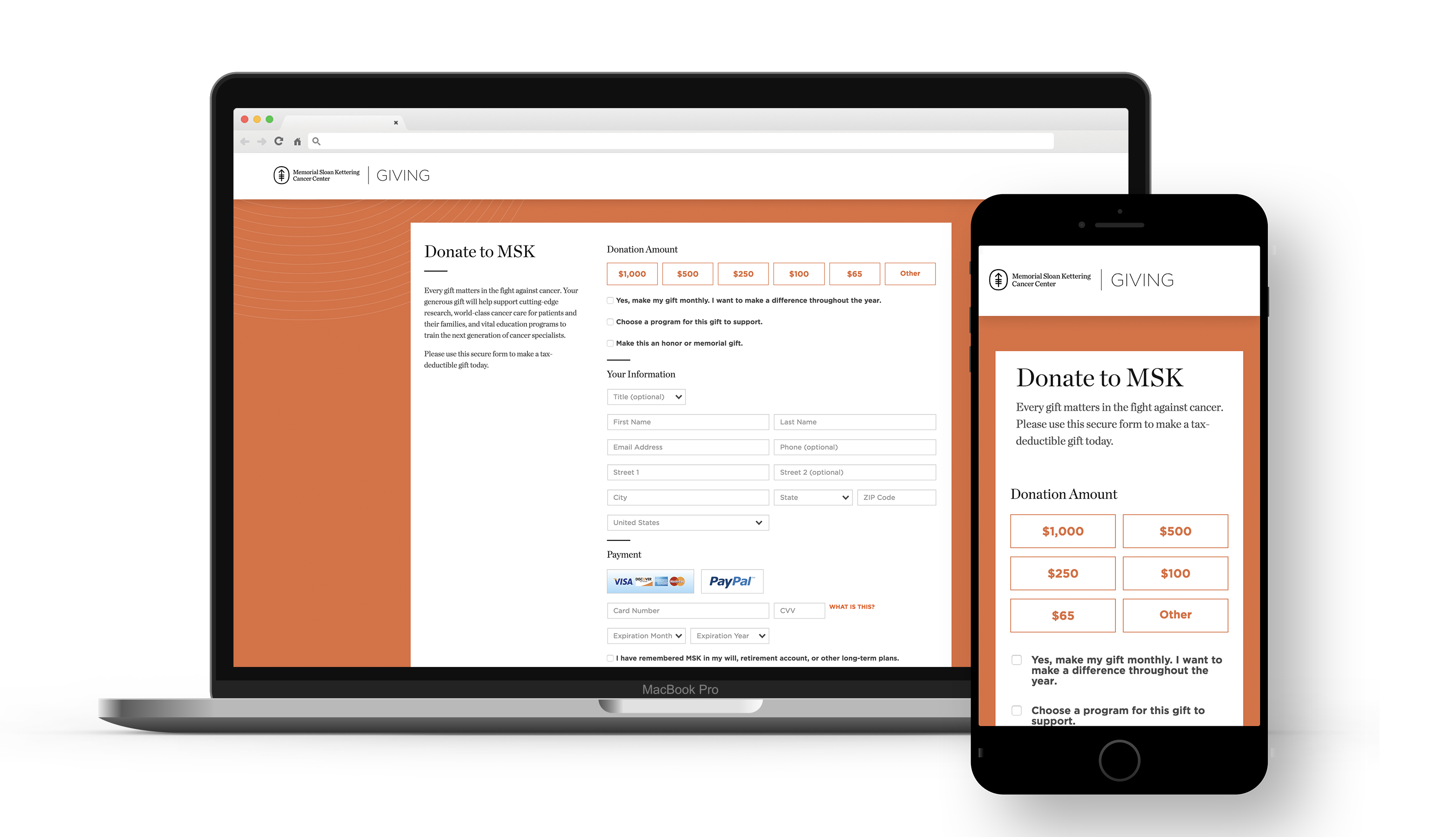 Image of the new Memorial Sloan Kettering Cancer Center donation form