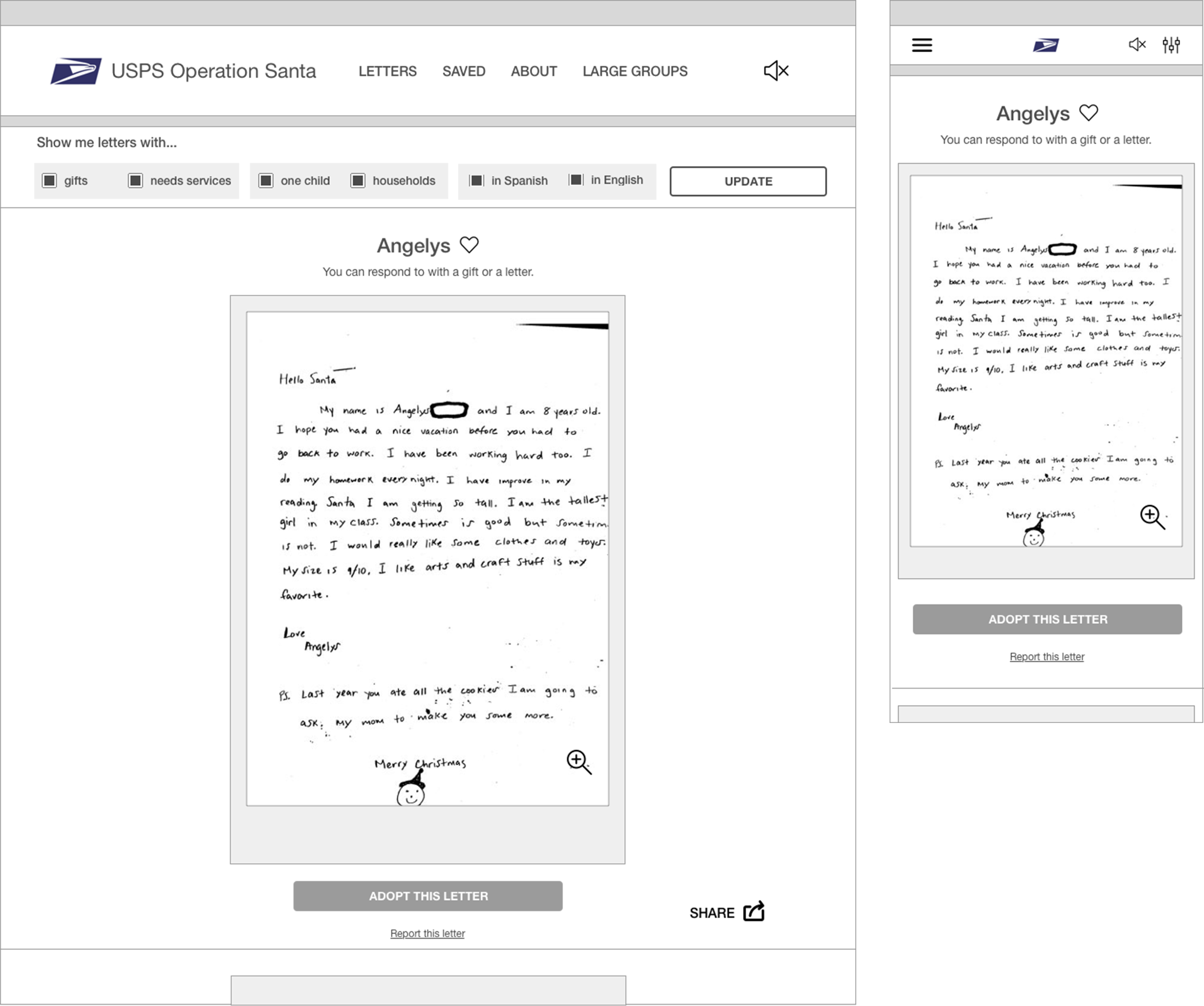 Wireframes of the letter selection page on the public facing site with filters turned on