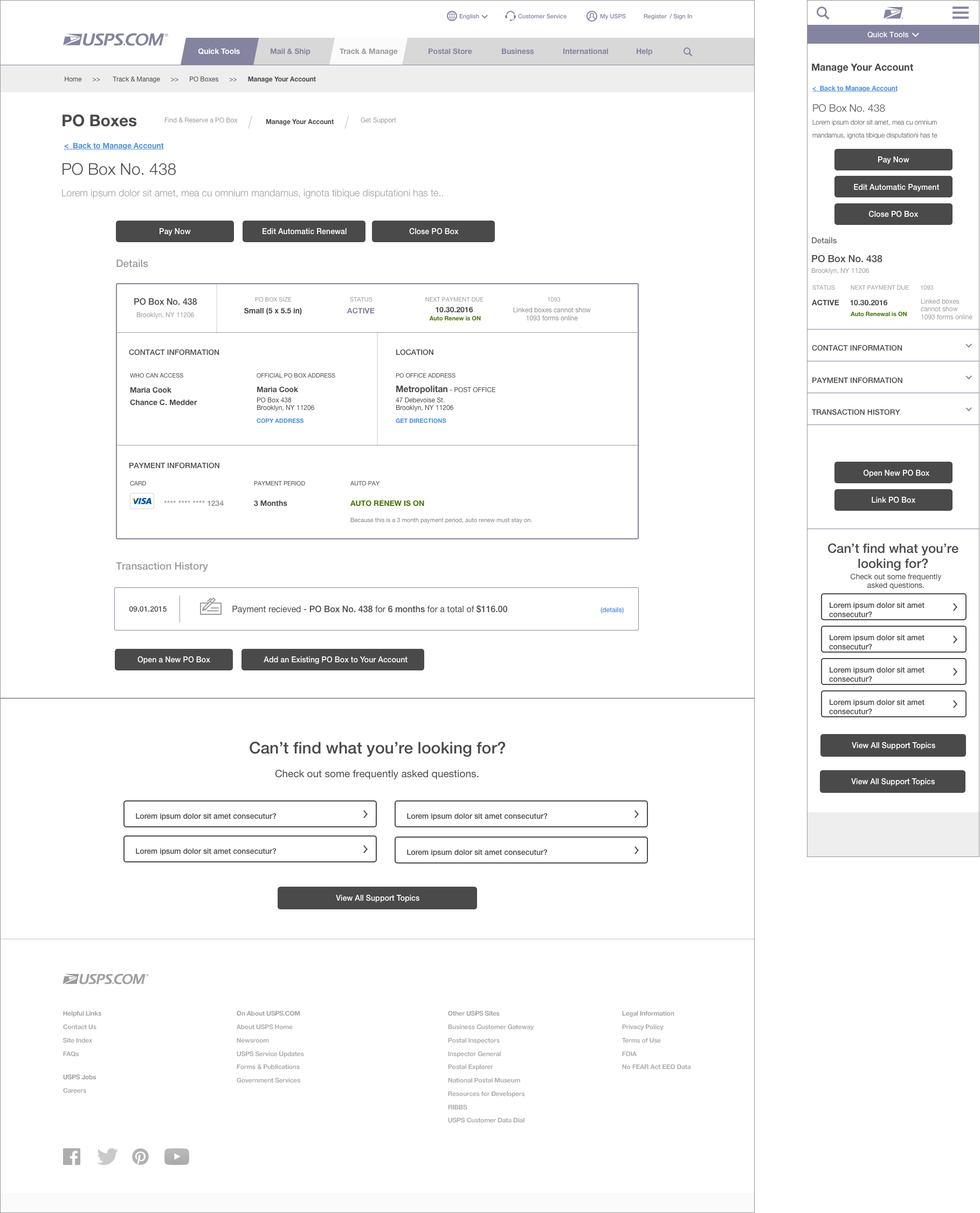 Desktop and mobile Wireframes for the PO box detail state