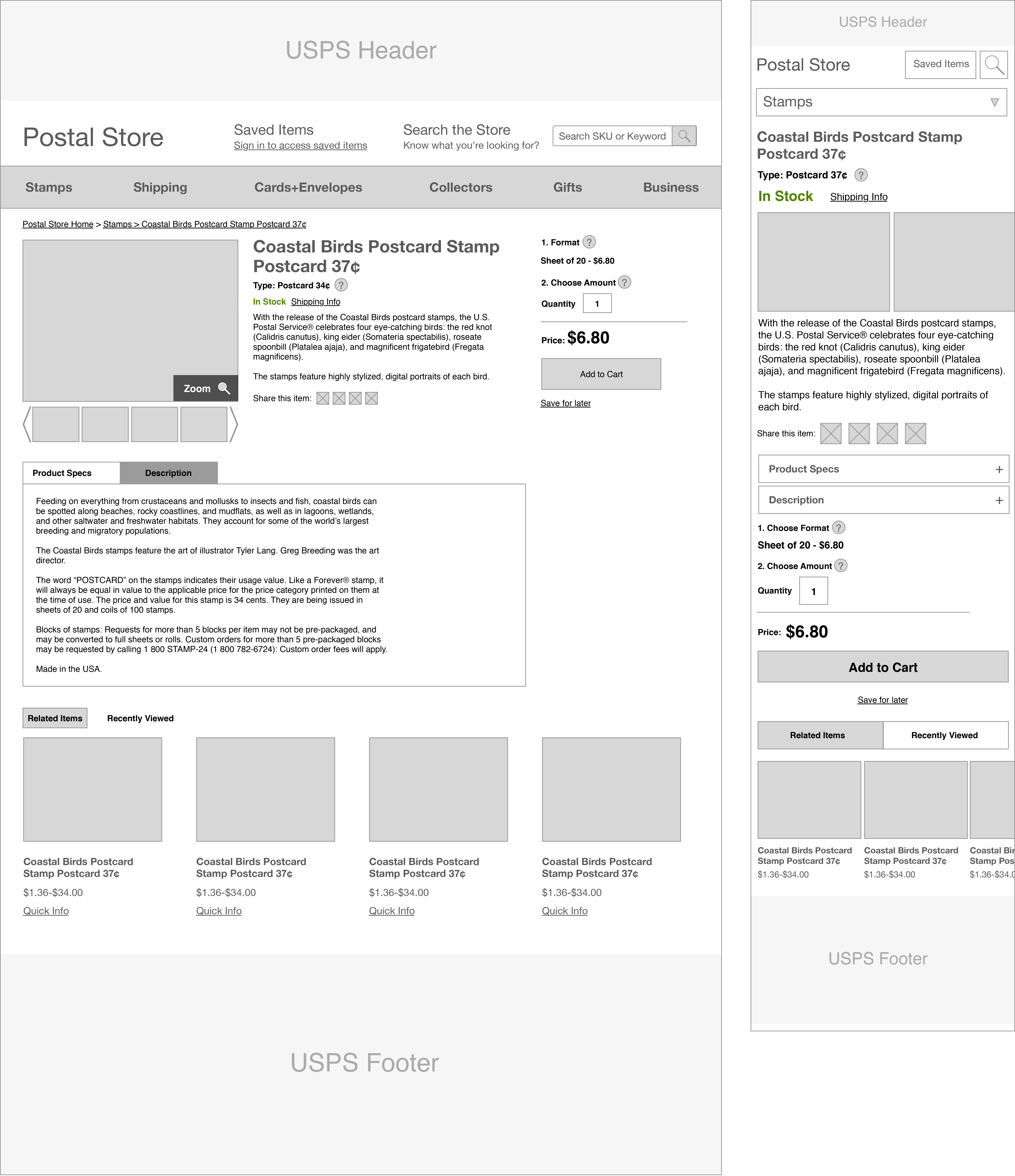 Full page dekstop and mobile images of the wireframes for the product detail page